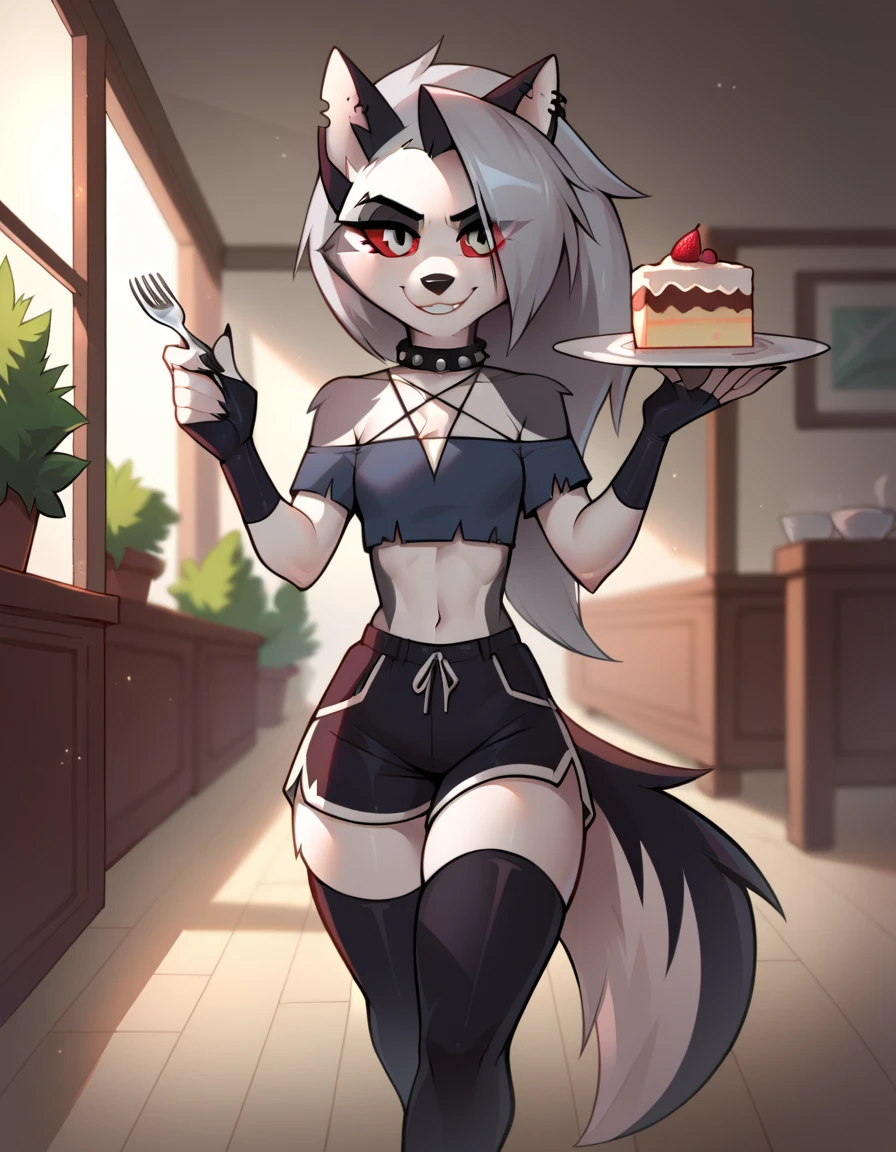 Score_9, Score_8, Score_7, jizoku style, Loona, anthro, 1girl, solo, thighhighs, dark grey crop top furry, furry female, black shorts, wolf girl, black thighhighs,   looking at viewer, small smile, piercing, ear piercing,  holding, plate, small cake, fork, looking at you, fingerless gloves, walking to viewer, shorts