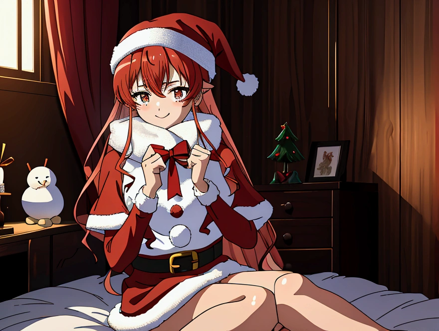 Eris, new year atmosphere, very cute, sitting on a bad in beautiful bedroom, bedroom is decorated in new year style, Anime style, New year decoration all around bedroom, Eris is dressed as santa, Eris is , Eris is very happy,  Its winter and new year vibe. 