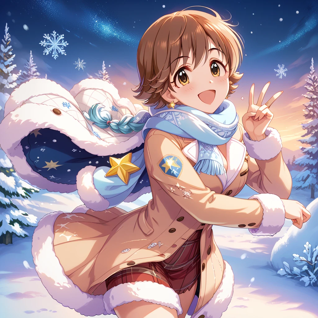 A lively and cheerful young woman, Honda Mio, stands under a breathtaking winter sky, her arms spread wide as she gazes upward at the twinkling stars. Her brown hair is gently tousled by a soft winter breeze, and her expression is one of pure wonder and joy. She wears a warm, cozy winter coat with a scarf loosely draped around her neck, and the snow-covered ground around her is bathed in the soft glow of the starry night. The air is crisp, and the vastness of the clear, starry sky stretches endlessly above her, creating a serene yet exhilarating contrast with her vibrant, energetic presence. The scene is filled with a sense of awe and peace, as the stars shine brightly in the cold, winter night.
