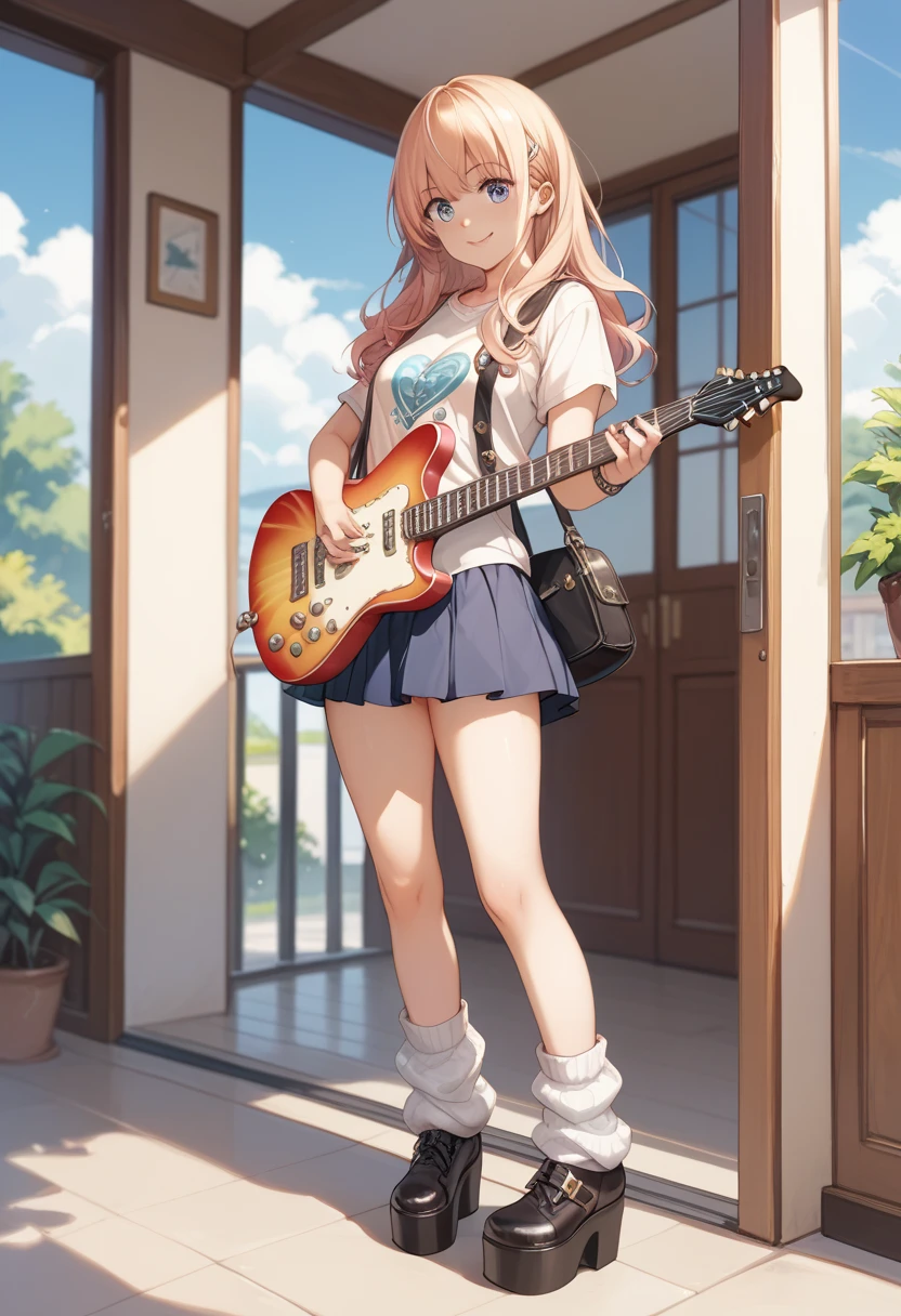 veranda、Electric guitarを弾く、Electric guitar(fender stratocaster light blue)。 high school girl 、 ultra mini skirt with hidden hands、anime、 loose socks、 gal、Platform boots、 no panties、 panchira