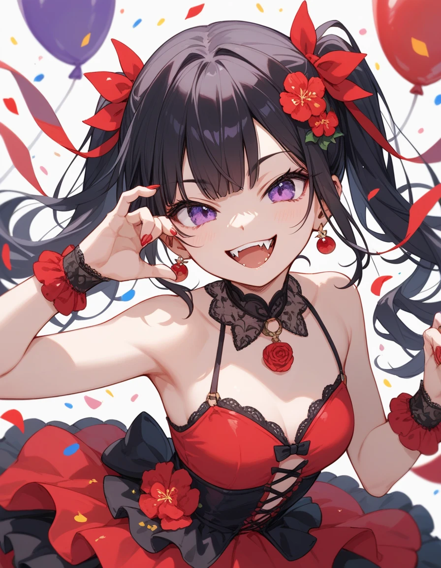 Black hair, Purple eyes,
Show your fangs / Show your fangs,  Evil Smile, illustration,  Anime Party Dress, 