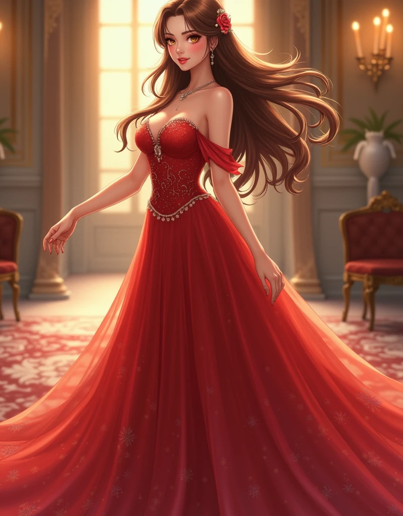 Beautiful 25 year old woman with green eyes and long hair wearing elegant red dress on a photo shoot inside a professional photo studio