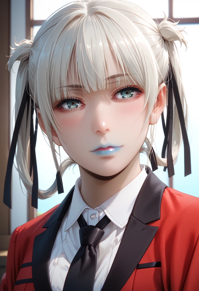 Score_9, score_8_up, score_7_up, score_6_up, source_anime, rating:general, 1girl, kirari momobami, white hair, upper body, head tilt, blush, pale skin, white shirt, black ribbon tie, red blazer, blue eyes, colored contacts, blue lipstick, sharp facial features, medium sized breasts, traditional Japanese garden, lilys, solo, 8k quality, masterpiece, vivid colors, subtle lighting