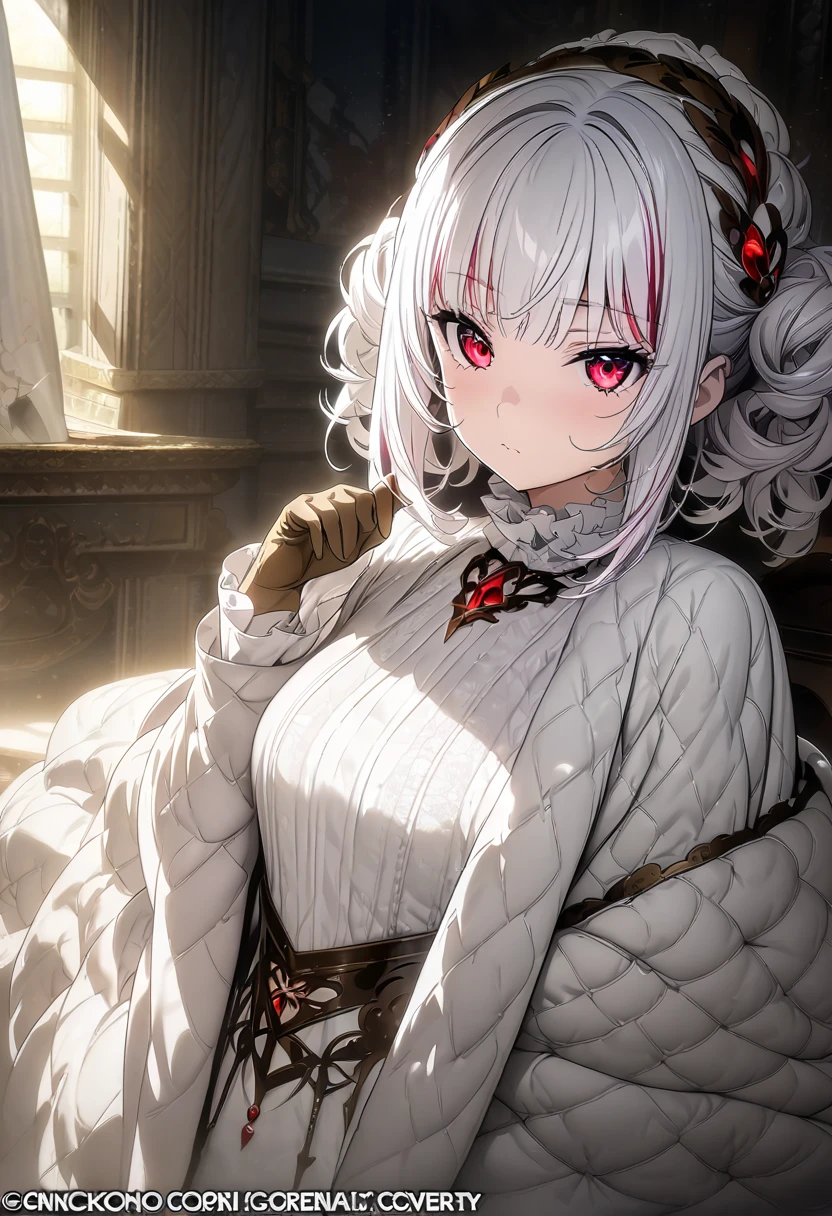 (masterpiece, top quality, best quality, official art, beautiful and aesthetic:1.2), 1 girl,white hair,red eyes, white stocking, brown gloves 