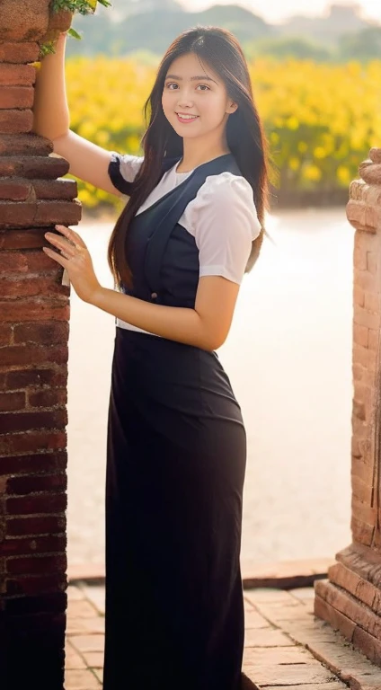 The background of the world heritage site of Bagan Pagoda is a young woman in her 20s, posing in various poses and styles. The best and highest quality image was taken to enter the award-winning photo contest. The image is clear and sharp, the natural scenery of Bagan Pagoda is elegant and beautiful, her hips are high, her body is curvy, her smiling face is bright and her eyes are full, the highest quality HD image.