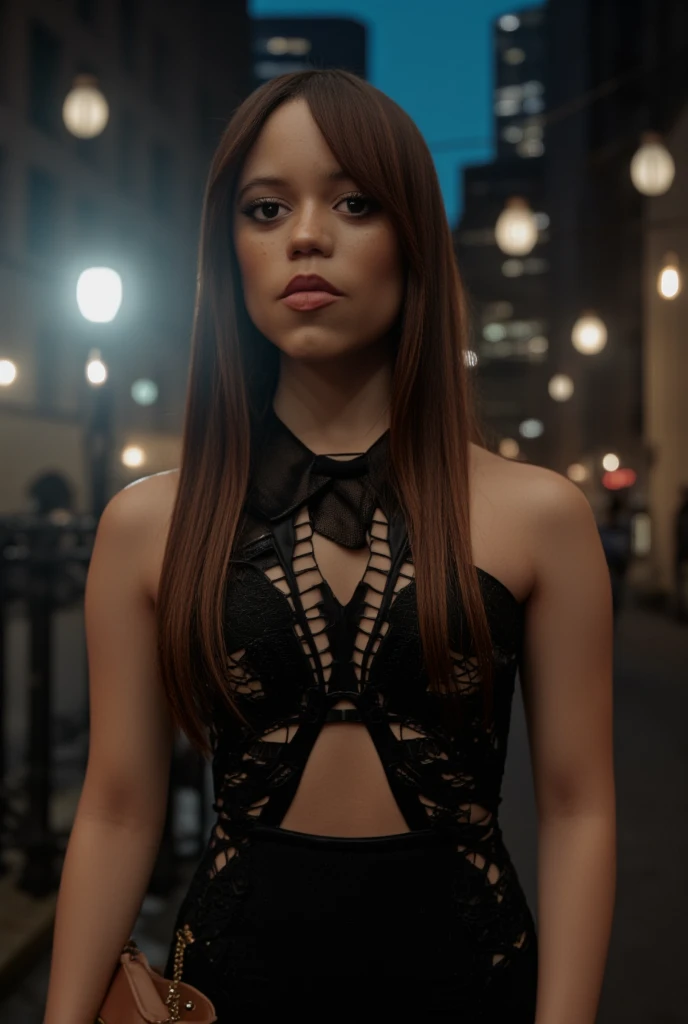 A photorealistic portrayal of ((j3nnaort3ga)), wearing a ((sleek, modern black dress)) with subtle accents of silver, standing against a (dimly lit, urban cityscape) during twilight. Her ((hairstyle is neatly styled in soft waves)), with a natural yet elegant makeup look. She holds a ((delicate leather clutch)) in one hand, and her gaze exudes confidence. The lighting is ((cinematic, with warm highlights and cool shadows)), adding depth to the image.