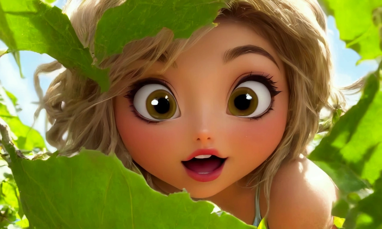 beautiful blonde woman looking down at camera, blue eyes, gleeful smirk, blue dress, extreme low angle, extreme worms eye view, floor view, in a lush forest, sunlight, sunny