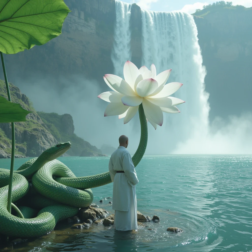 Highly detailed film water and ocean palette, a bald monk standing at the water's edge in white Hanfu, a huge green snake, a huge lotus flower in white, a very tall waterfall, exquisite facial details, spotlights, perfect composition, surreal, ultra-detailed, 8k, high quality, clear focus, intricate details, highly detailed, dynamic lighting, detailed and complex environment,