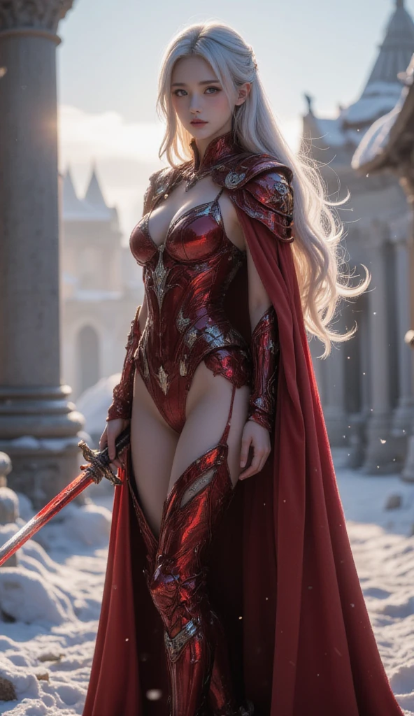 excellent quality, masterpiece, best quality, Ultra Detailed, Extremely detailed, Ultra HD, beautiful girl, Perfect anatomical structure, Perfect body, Model, Fashion pose, Wearing full magical red armor and red cape, Holding a crystal sword, Snowy medieval city, (random color:1.4),
Long hair, Various hairstyles, White hair, black eyes, Glowing eyes,
Extremely detailed, hkstyle