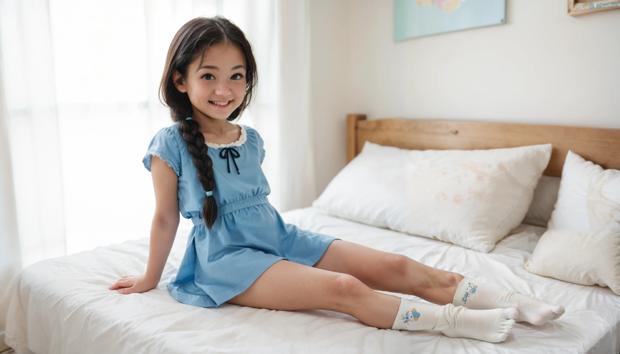 small toddler girl,  long braided black hair ,  Blue dress, white socks, sitting on a large bed, smiles