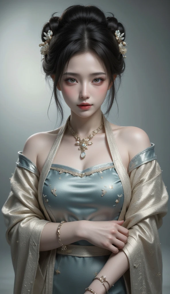 1girl,solo,looking at viewer,black hair,hair ornament,dress,jewelry,parted lips,necklace,hair bun,barefoot,mole,bracelet,facial mark,chinese clothes,beads,shawl,forehead mark,red lips,hagoromo,full body,