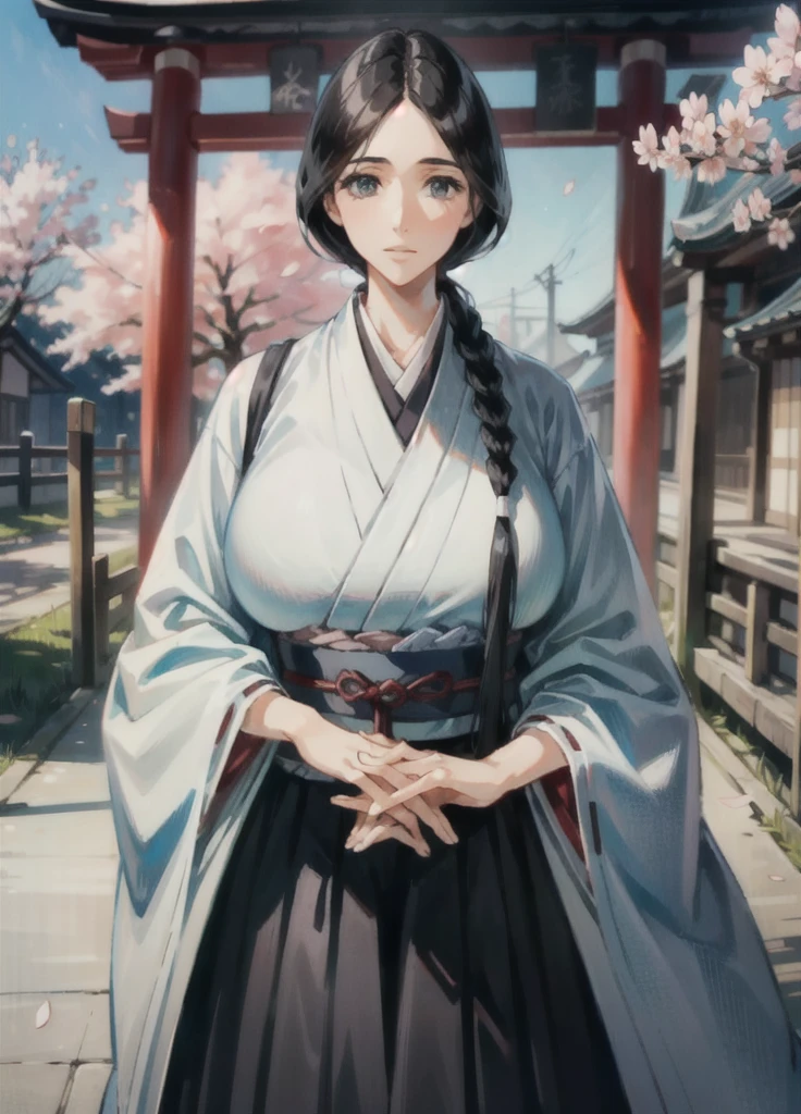 (Masterpiece, Best Quality, ultra detailed, beautiful illustration), (oil painting:1.4), atmospheric perspective, (japanese atmosphere, elaborate atmosphere:1.4), depth of field, looking at the viewer, Beautiful detailed eyes, (good hands, perfect hands, anatomically correct hands),  Retsu Unohana, simple braid, White coat, black kimono, black skirt, mature woman, voluptuous, (huge breasts), (outdoor, japanese shrine, Cherry blossoms), cowboy shot