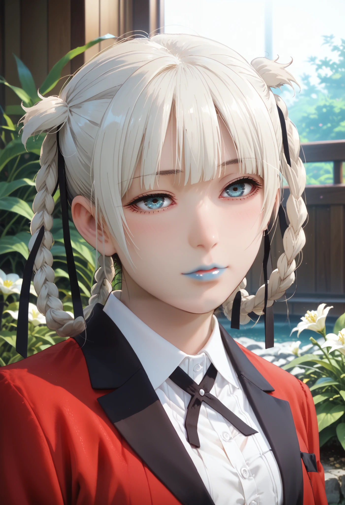 Score_9, score_8_up, score_7_up, score_6_up, source_anime, rating:general, 1girl, kirari momobami, white hair, braided hair, upper body, head tilt, blush, pale skin, white shirt, black ribbon, red blazer, blue eyes, colored contacts, blue lipstick, sharp facial features, medium sized breasts, traditional Japanese garden, white lily flowers, solo, 8k quality, masterpiece, vivid colors, subtle lighting