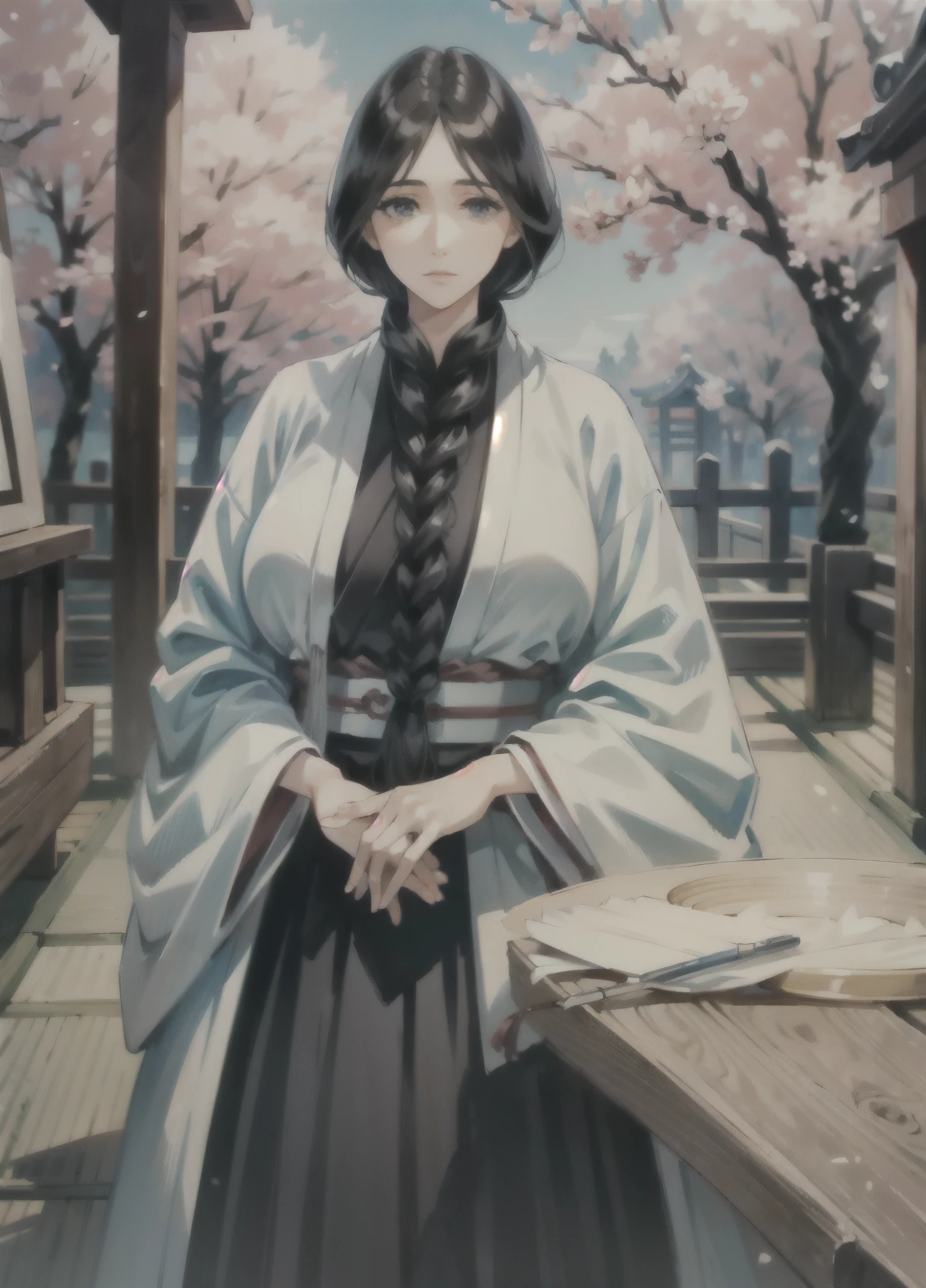 (Masterpiece, Best Quality, ultra detailed, beautiful illustration), (oil painting:1.4), atmospheric perspective, (japanese atmosphere, elaborate atmosphere:1.4), depth of field, looking at the viewer, Beautiful detailed eyes, (good hands, perfect hands, anatomically correct hands),  Retsu Unohana, simple braid, White coat, black kimono, black skirt, mature woman, voluptuous, (huge breasts), (outdoor, japanese shrine, Cherry blossoms), cowboy shot