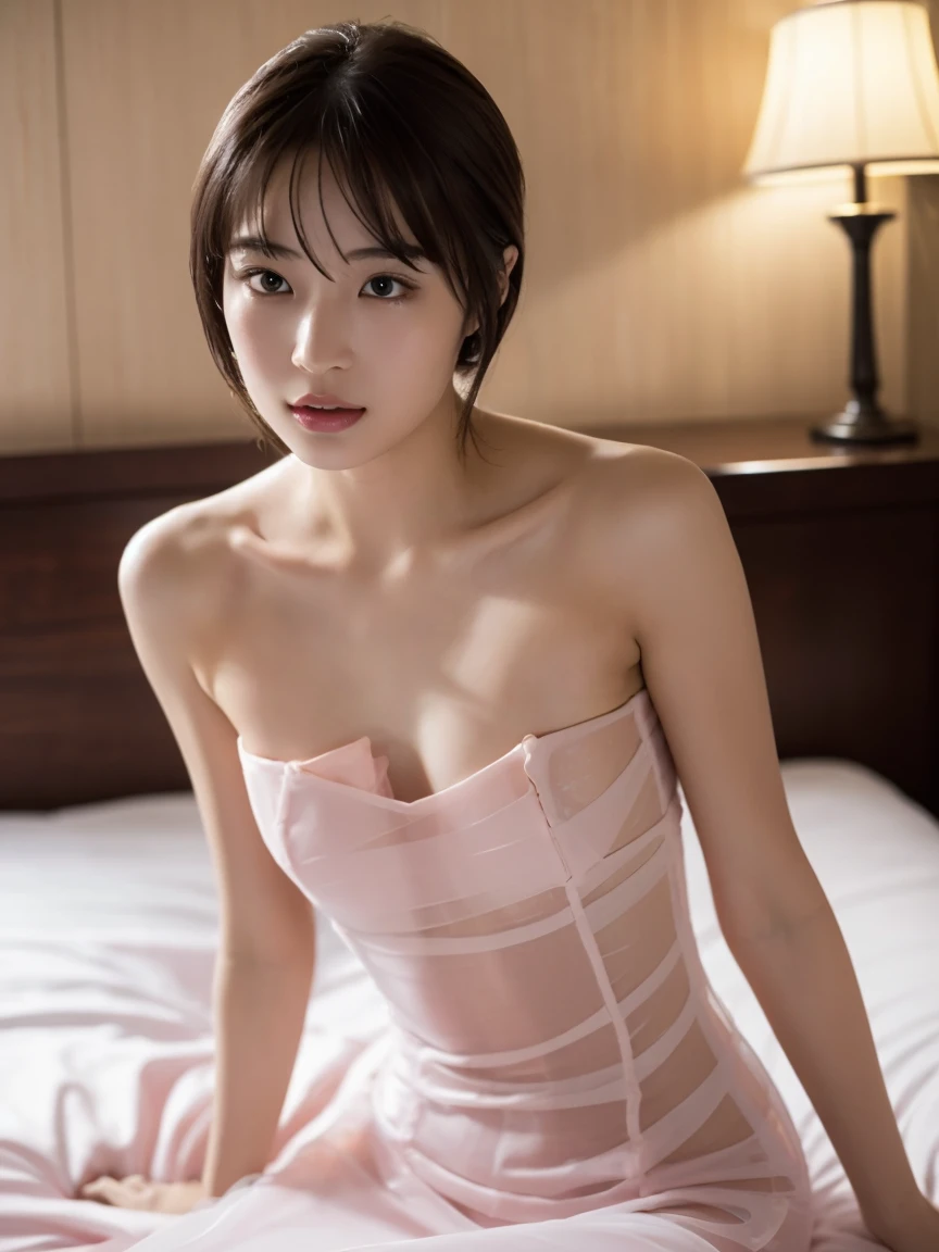 japanese beautiful woman,Ultra detailed skin,Ultra-fine,toView,Brown-eyed,drooing eyes,high detailing,(short-haired with bangs:1.2),(photorealisitc:1.4),(Top image quality:2.0),(Super-High Resolution:1.0), (masterpiece:1.5),(pureerosface_v1:1.5),big eye,Dynamic lighting,the skin is wet,Bright pink and sparkling lipstick,White and beautiful skin,glossy satin fabric dress,20 yrs,Rear view,sitting on,turned around,s ass,sexypose,Sheer clothes