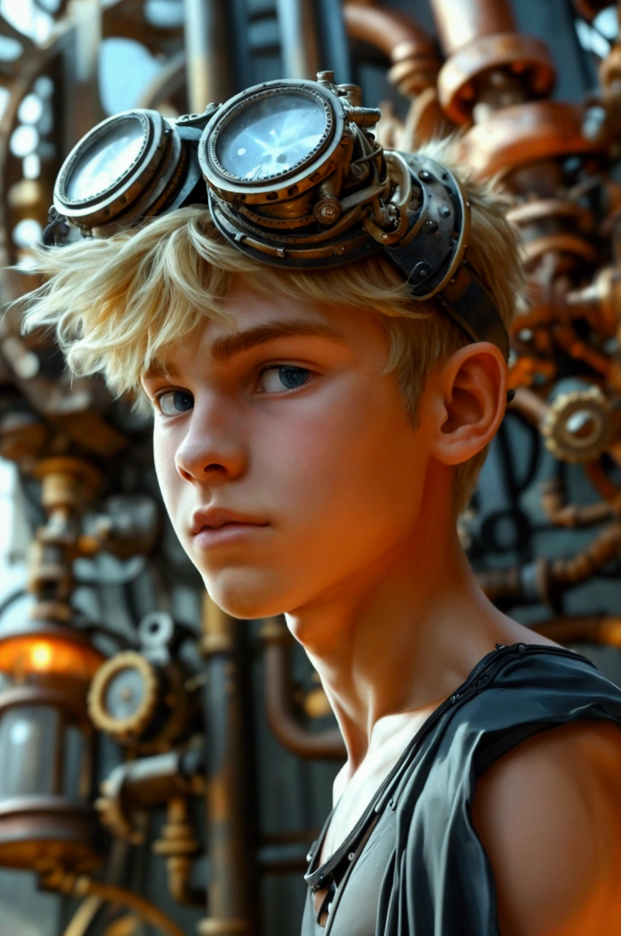 A photo of a young  male cute boyish imature shirtless 18yo teenager, Innocent face, innocent expression super skinny, blond, handsome, cute handsome boyish face,   wearing a super tight shorts hyperrealism photo. Full-body male focus. Focus on male cuteness.  Perfect anatomical proportions.(( Shirtless posing )) for his photograph in front of an intricately designed steampunk industrial building  with many intricate steampunk gadgets. Steampunk setting. Perfect face. Coal dust streaks on his bare chest and arms. (((Not muscular))) no shirt