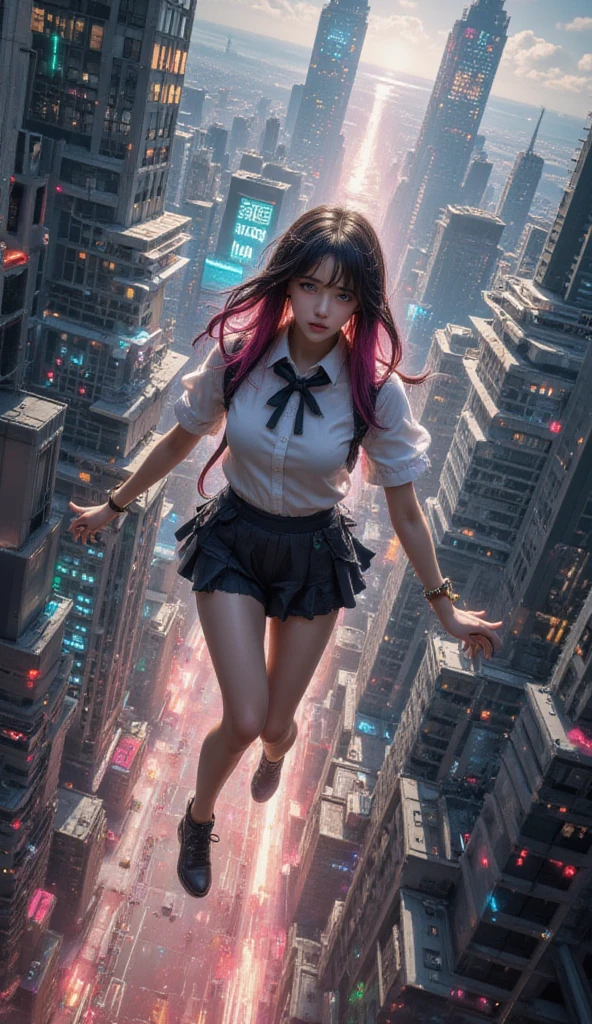 (falling from a building at high speed), girl with a beautiful face, black and pink hair, defined details, messy school clothes, looking at the camera, "Generate an illustration in a style that blends organic shapes with geometric patterns, emphasizing vibrant colors and dynamic compositions."