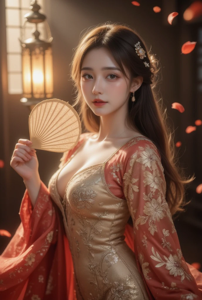 best quality,masterpiece,highres,(exquisite body:1.5),gorgeous face,(milky skin:1.3),intricate details,high resolution,wallpaper,1girl,solo,dress,hair ornament,(((gold and red dress))),flowers,long hair,brown hair,closed mouth,jewelry,long sleeves,wide sleeves,big eyes,floating hair,chinese clothes,hanfu,embroidery,long skirt,natural pose,falling petals,indoor,fanning,lantern,16K,HDR,highres,depth field,(film grain:1.1),boken,golden hour,(lens flare),vignette,rainbowing,(color grading:1.5),(large breasts:1.2),(upper body:1.3),looking at viewer,