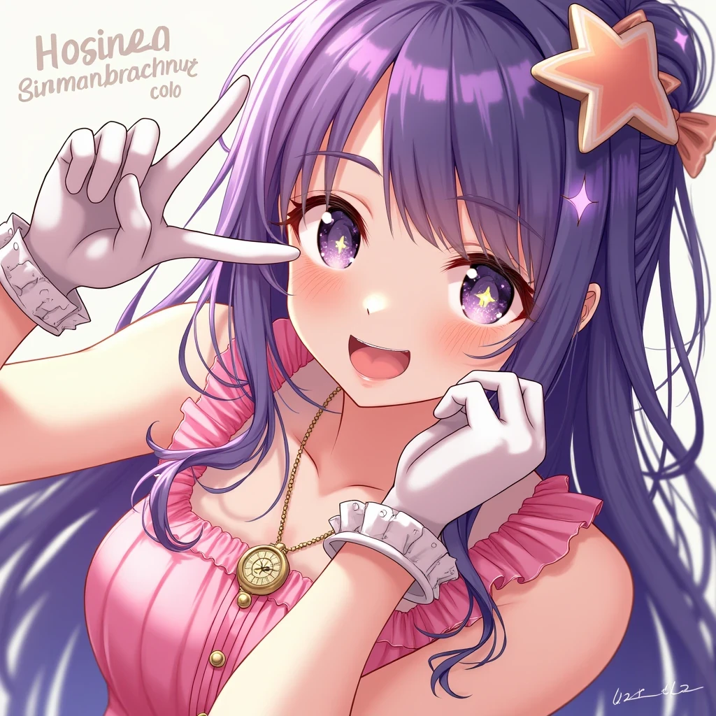 Hosino Ai, gloves, tongue sticking out, tongue, long hair, star (symbol), watch viewer, (purple hair: 1.2), purple eyes, upper body, hair ornament, ruffles, pink shirt, smile, sleeveless, shirt, idol, symbol shaped pupil, hands raised, bangs, one side up, star-shaped pupils, arms raised, dresspull, roaring twenties, isometric, from above, full body, rembrandt, Illustration, detail, depth of field, looking at the viewer, peace sign, hand raised, tongue out, highest quality, high resolution.