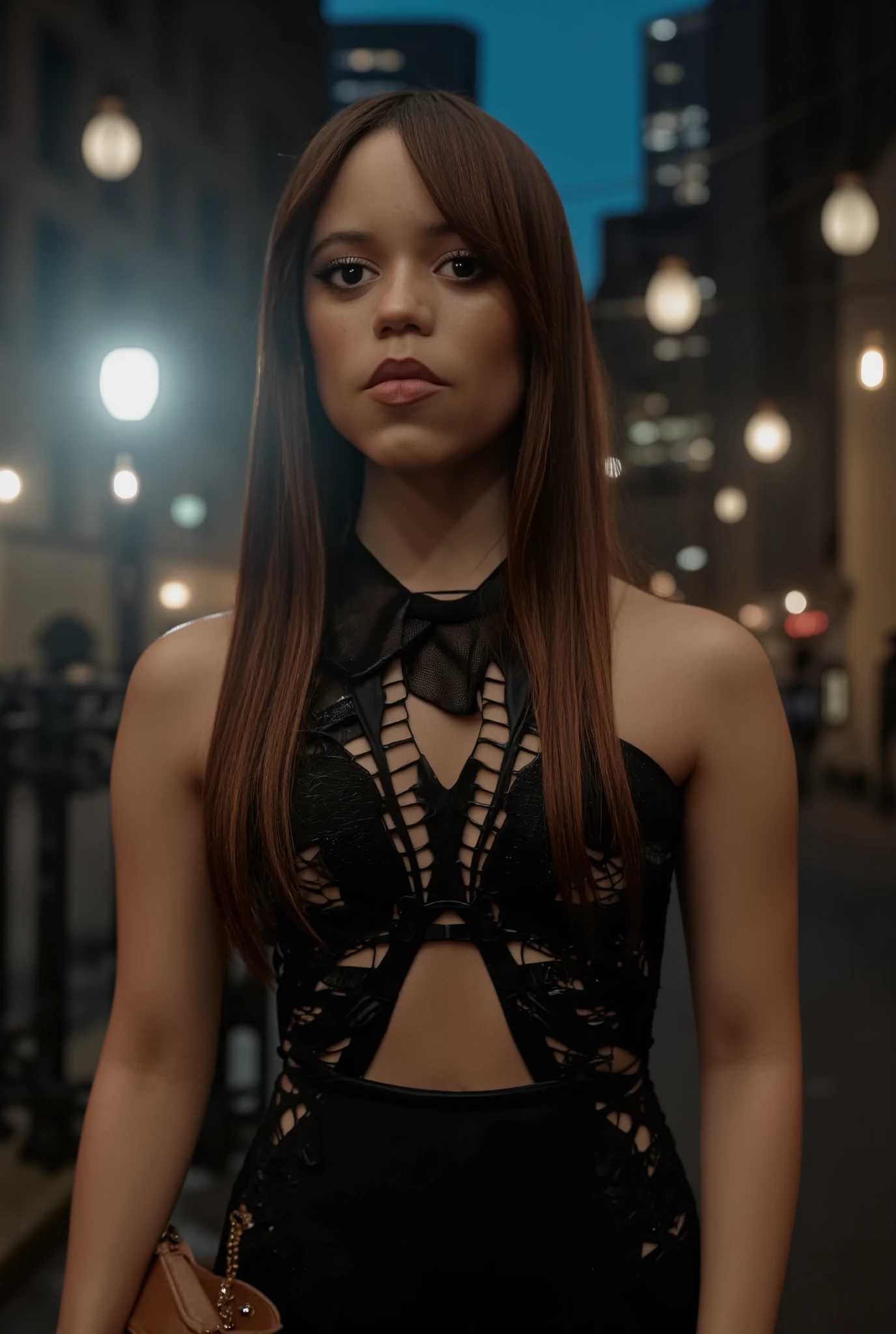 A photorealistic portrayal of ((j3nnaort3ga)), wearing a ((sleek, modern black dress)) with subtle accents of silver, standing against a (dimly lit, urban cityscape) during twilight. Her ((hairstyle is neatly styled in soft waves)), with a natural yet elegant makeup look. She holds a ((delicate leather clutch)) in one hand, and her gaze exudes confidence. The lighting is ((cinematic, with warm highlights and cool shadows)), adding depth to the image.