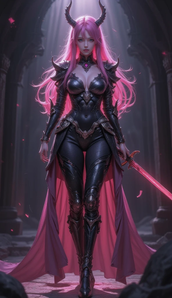 a cartoon picture of a woman with long pink hair and a sword, gapmoe yandere grimdark, fuchsia skin beneath the armor, seductive anime girl, shalltear from overlord, anime style like fate/stay night, female action anime girl, digital art from danganronpa, gothic maiden anime girl, demon anime girl, fuchsia skin below the armor