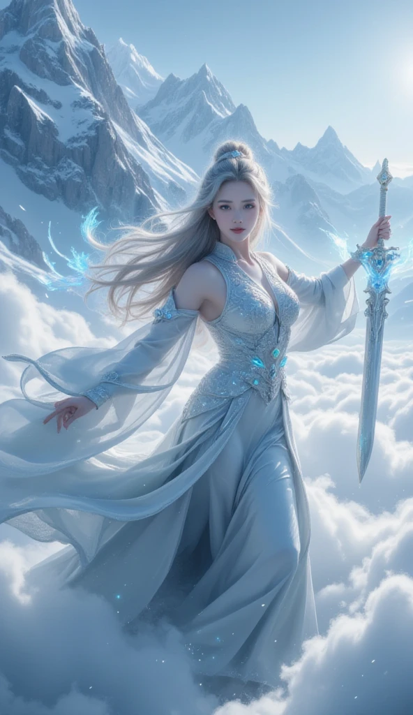 a woman in an ancient style dress, holding a cold ice sword with blue flames, dancing in the snow with long flowing hair, holding a silver long sword, adorned with jade jewels, confident smiling face, floating in the clouds with mountains in the background, detailed face and eyes, detailed clothing, detailed lighting, digital painting, cinematic lighting, fantasy art, highly detailed, masterpiece, 8k, photorealistic