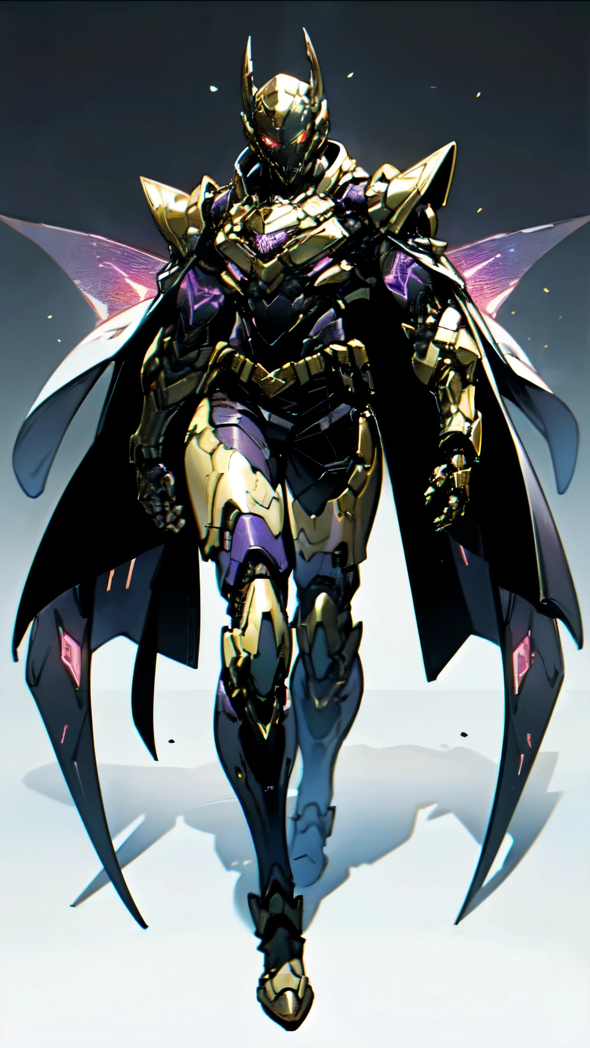 (masterpiece:1.5, best quality:1.5, extremely delicate:1.5), ((male:1.5)), a man wearing a full-face helmet, high-tech biomimetic armored combat suit, (a composite layered chest armor), the design balances heavy with agility, fully enclosed shoulder guards, matching arm and leg guards, a belt of gemstone, (the color scheme is primarily Red with Purple and Yellow accents, Organic Biotech, Concept Inspired by Vampire, glowing eyes, armor glows, huge cloak like devil wings), stand of a futuristic sci-fi city, this character embodies a finely crafted fantasy-style armored hero in anime style, exquisite and mature art style, metallic, high definition, highres, ultra-detailed, ultra-fine painting, professional, perfect body proportions, golden ratio, anatomically correct, symmetrical face, extremely detailed eyes and face, high quality eyes, creativity, RAW photo, UHD, 32k, Natural light, cinematic lighting, (masterpiece-anatomy-perfect:1.2)