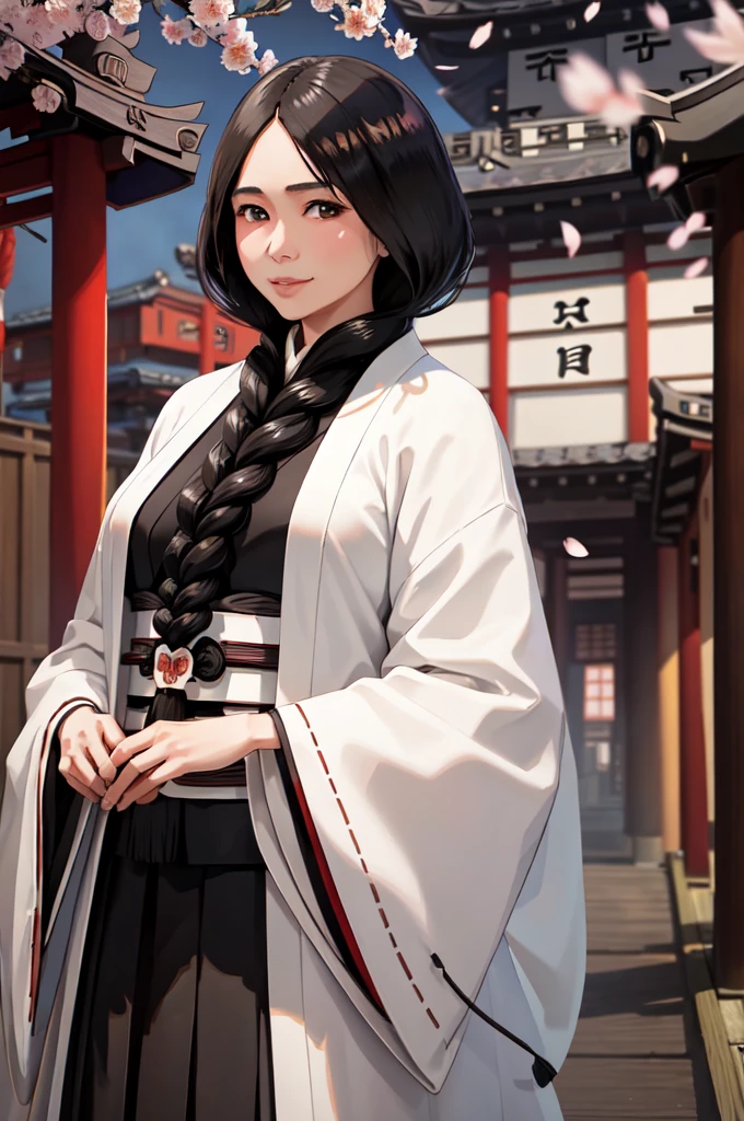 masterpiece, best quality, unohana retsu, single braid, white coat, black kimono, black skirt, atmospheric perspective, (japanese atmosphere, elaborate atmosphere:1.4), large breasts, mature female, japanese architecture, looking at viewer, smile, (outdoor, japanese shrine, Cherry blossoms), cowboy shot