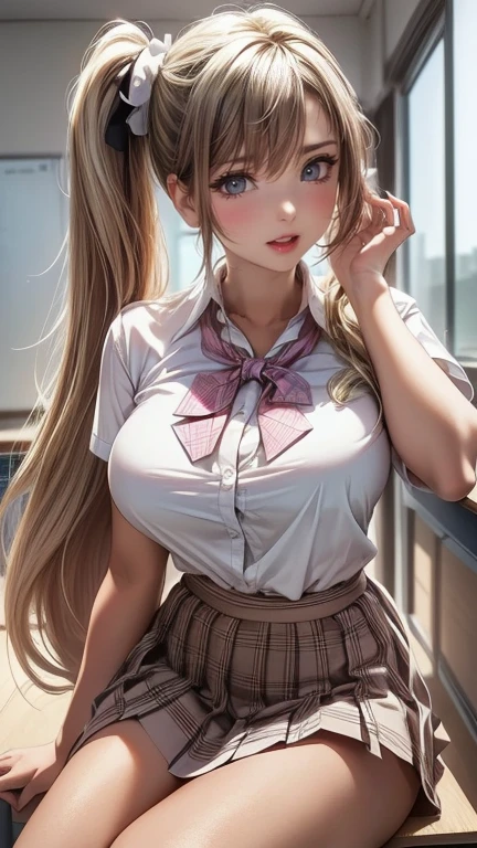 (masterpiece:1.3, highest quality),  (realistic, photorealistic:1.4), beautiful illustrations, perfect lighting, colorful, Depth of the bounds written, 
looking at the viewer, full body, Front view:0.6, 1 girl, alone, Japanese, high school girl, Improve, (big breasts:0.8, big ass, seductive thighs, skin dents),
(long hair:1.5, side ponytail),  asymmetrical bangs, purple eyes, parted lips, (very tanned and shiny skin), 
beautiful hair, beautiful face, highly detailed face, detailed and beautiful eyes, beautiful clavicle, beautiful body, beautiful breasts, beautiful thighs, beautiful feet, beautiful fingers, ((collared short sleeve shirt, white shirt, school uniform, pink plaid pleated skirt, black tie)), white panties, polka dot hair scrunchie, 
( sexy pose), (enchanting smile), evening,Sit in the classroom,gal,(brown skin:1.5),(blonde:1.5),(view from below),