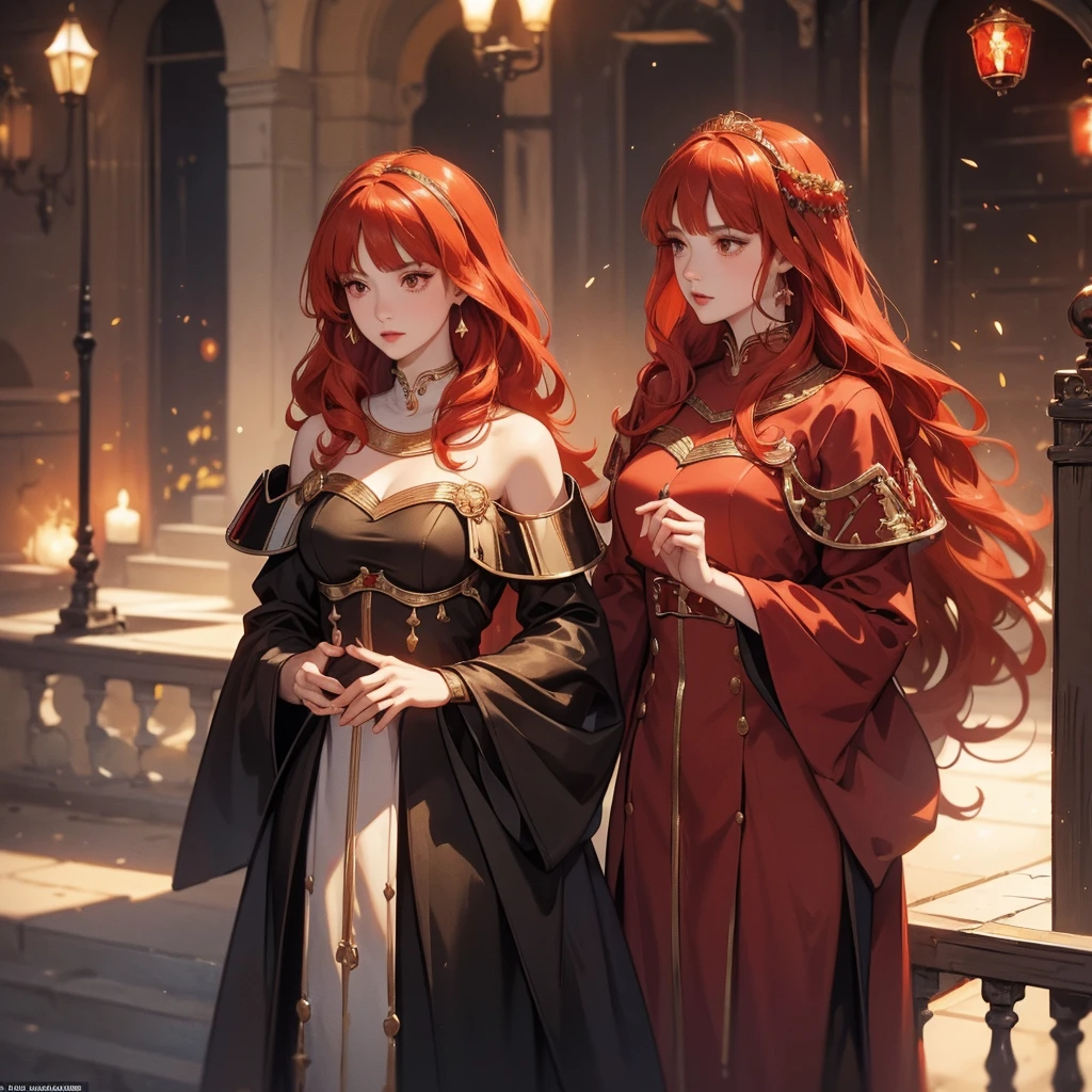 (( best quality)), ((masterpiece)), ( Details), （ perfect face）、The woman is Celica with red hair, wears a luxurious black dress and is the demon queen, the wife of the demon king who is dressed with luxurious accessories adorned with jewelled accessories