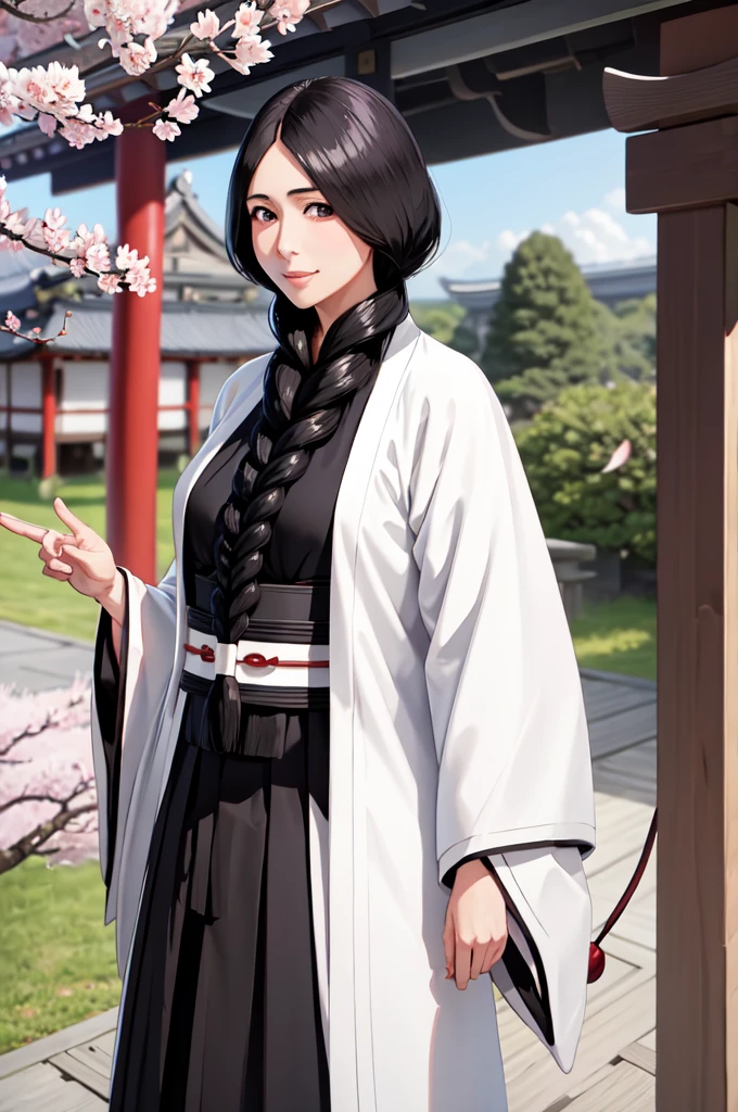 masterpiece, best quality, unohana retsu, single braid, white coat, black kimono, black skirt, large breasts, mature female, japanese architecture, looking at viewer, smile, (outdoor, japanese shrine, Cherry blossoms)