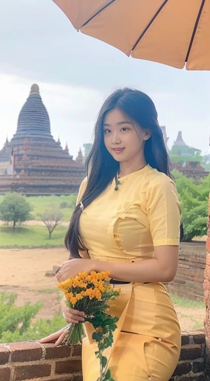 The World Heritage Site of Bagan Pagoda (Ananda Pagoda, Sabtanyu Pagoda, Shwe Sigon Pagoda, Lokananda Pagoda, Dhammaranggyi Pagoda) is in the background. A young woman in her 20s is posing in various poses and styles. The best and highest quality photo was taken to enter the award-winning photo contest. Clear and sharp images, the natural scenery of Bagan Pagoda. She is elegant and beautiful. She has high hips and a curvy body. She has a smiling face and bright eyes. She is full of herself. The highest quality HD photo.