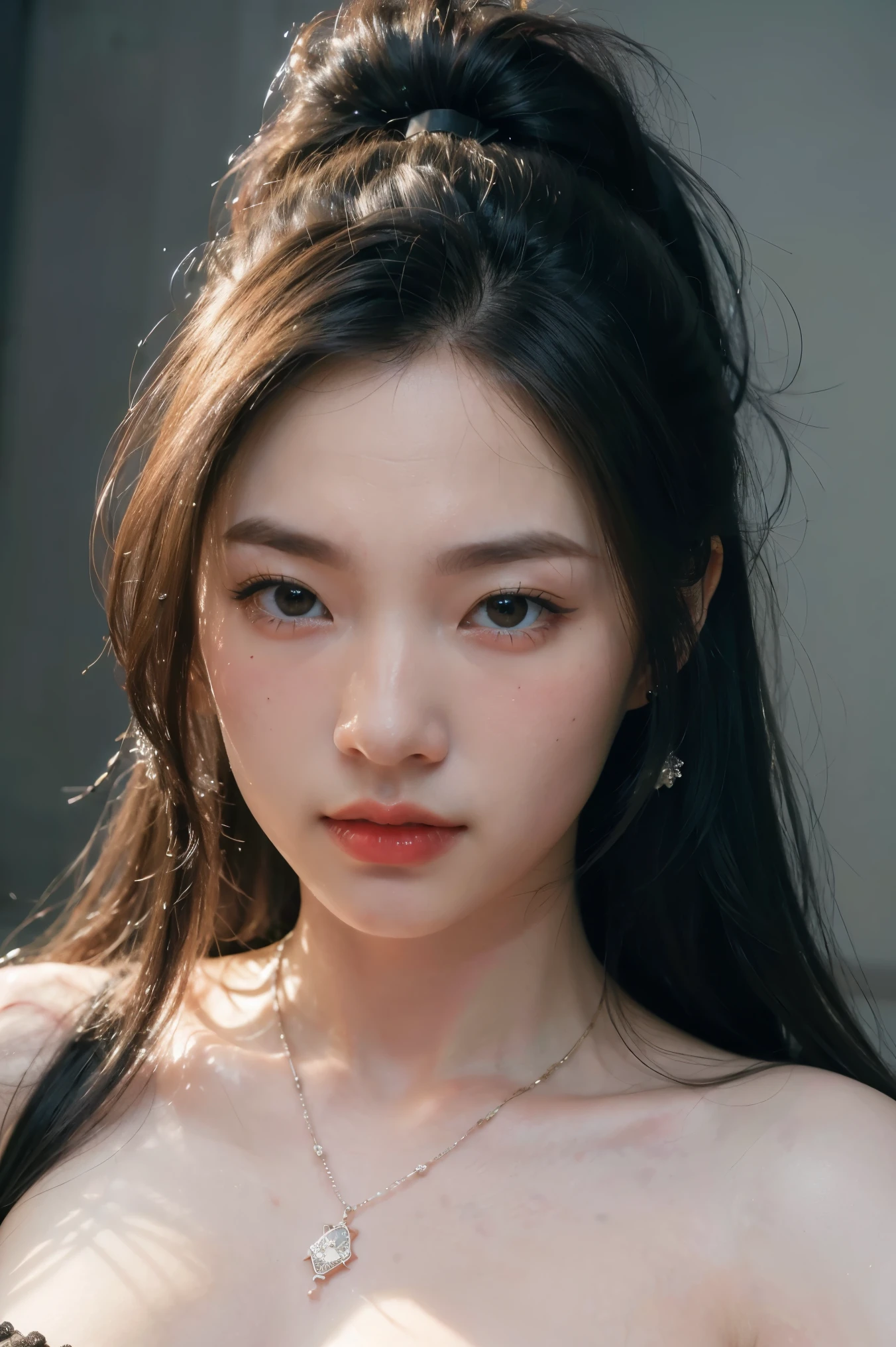 photorealistic, high resolution, soft light,1women, solo, hips up, (detailed face), jewelry, tattoo,black mafia clothing, ponytail hairstyle, black hair, super long hair, looking viewers, tatto, messy hair, close up, small breast, adult, mafia boss girl