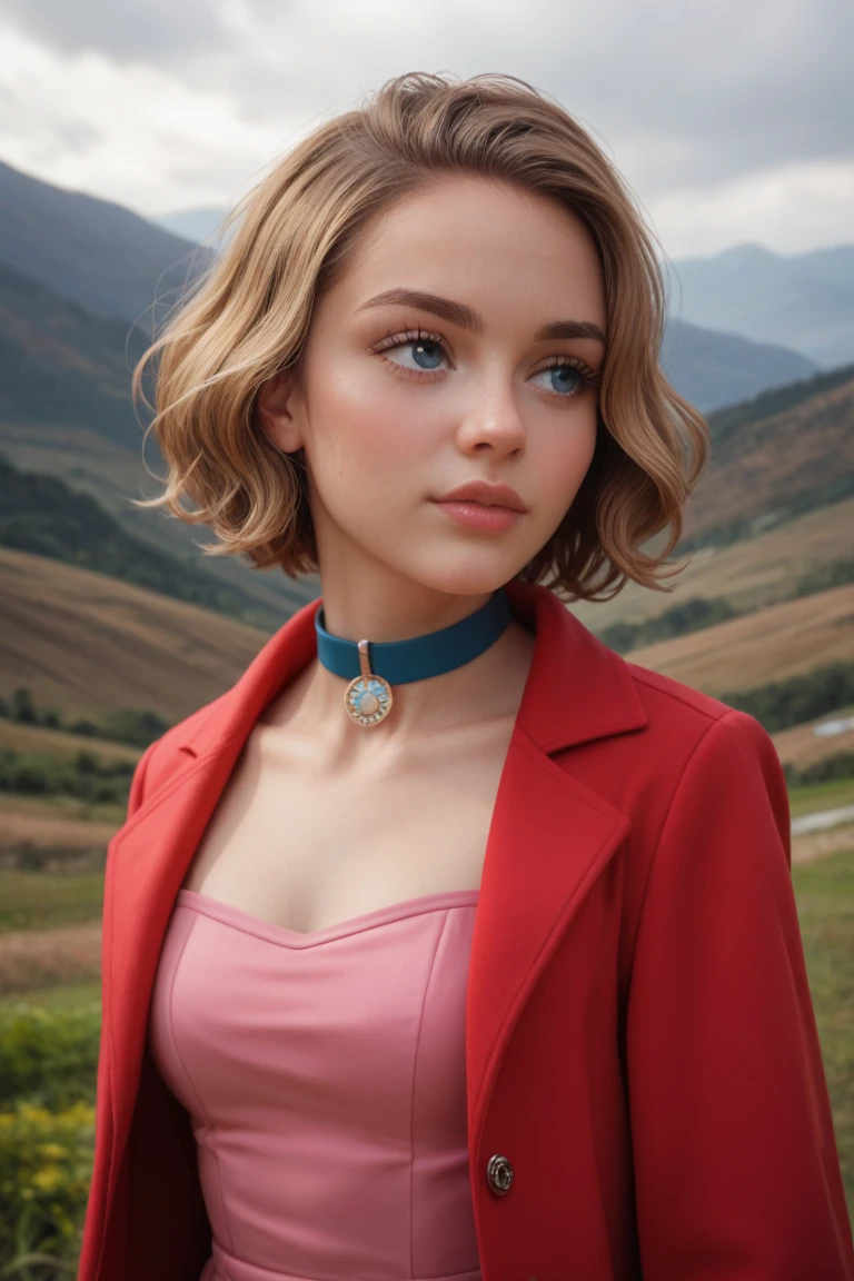  masterpiece ,  better quality , highres, Serena (pokemon),  short hair, Blue eyes, 1 girl, Alone, blue ribbon, eyelashes,  neck strap , sleeveless, blows, clavicle, Bare arms,  pink dress  , red coat, white bottom, forehead, Without landscape, looking at the spectator,, de forehead al espectador, solid color bottom, clean bottom, Facing the Camera ,  high resolution , calm face without expression, bottom blanco, Looking away, simple_bottom