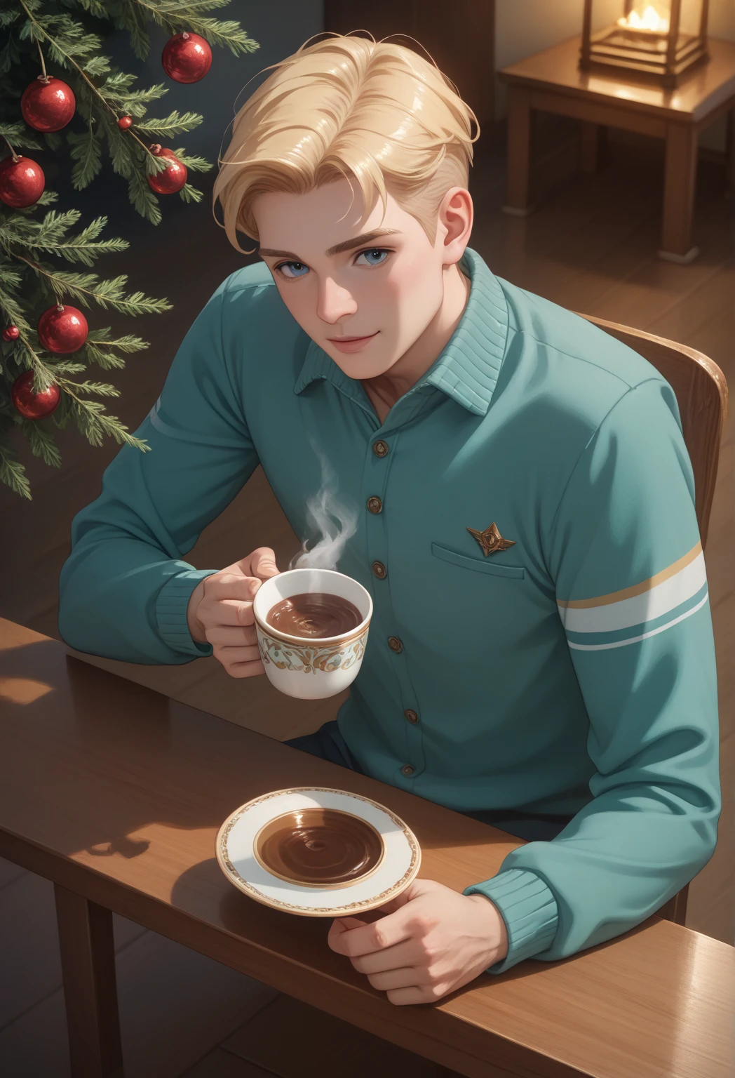 ((best quality)), ((​masterpiece)), (detailed),Anime Man, A cheerful gathering featuring two handsome males with an athletic torso, They are of different style, They sip hot cocoa, relaxed expressions illuminated by soft natural lighting. Vapor rises gently around him, and a holly branch hangs above, adding a festive touch. Rendered in a realistic anime art style, the scene exudes warmth and seasonal charm