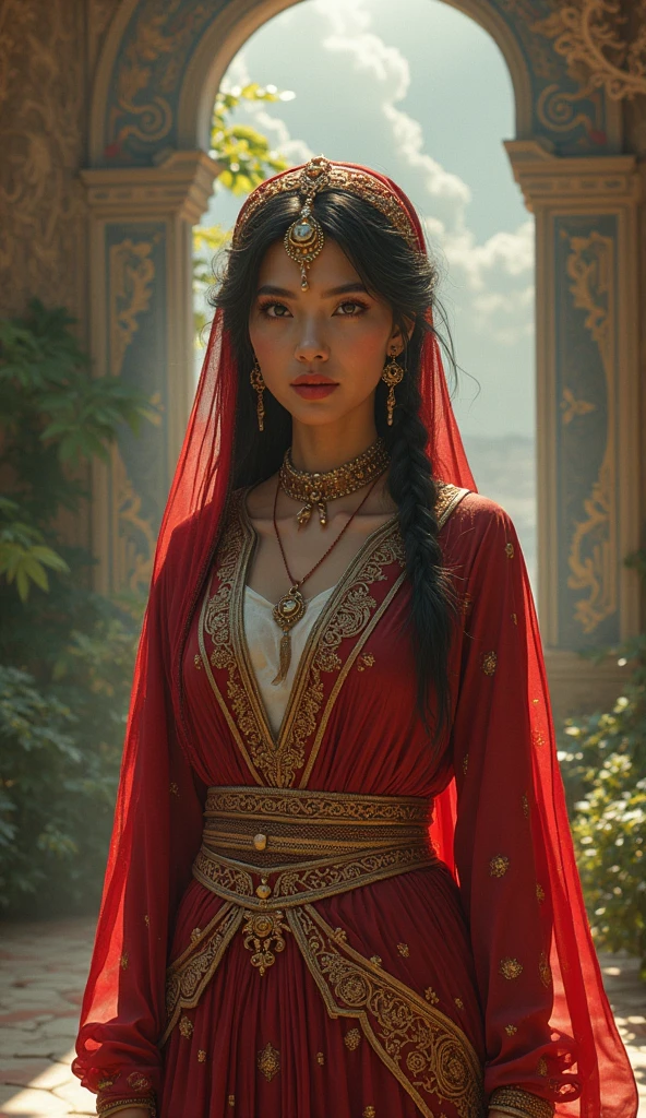 "Visualize Dalila scheming and plotting to discover the secret of Samson's strength, with a focus on her sly and cunning expressions