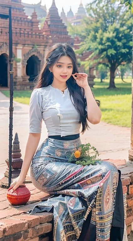 The World Heritage Site of Bagan Pagoda (Ananda Pagoda, Sabtanyu Pagoda, Shwe Sigon Pagoda, Lokananda Pagoda, Dhammaranggyi Pagoda) is in the background. A young woman in her 20s is posing in various poses and styles. The best and highest quality photo was taken to enter the award-winning photo contest. Clear and sharp images, the natural scenery of Bagan Pagoda. She is elegant and beautiful. She has high hips and a curvy body. She has a smiling face and bright eyes. She is full of herself. The highest quality HD photo.