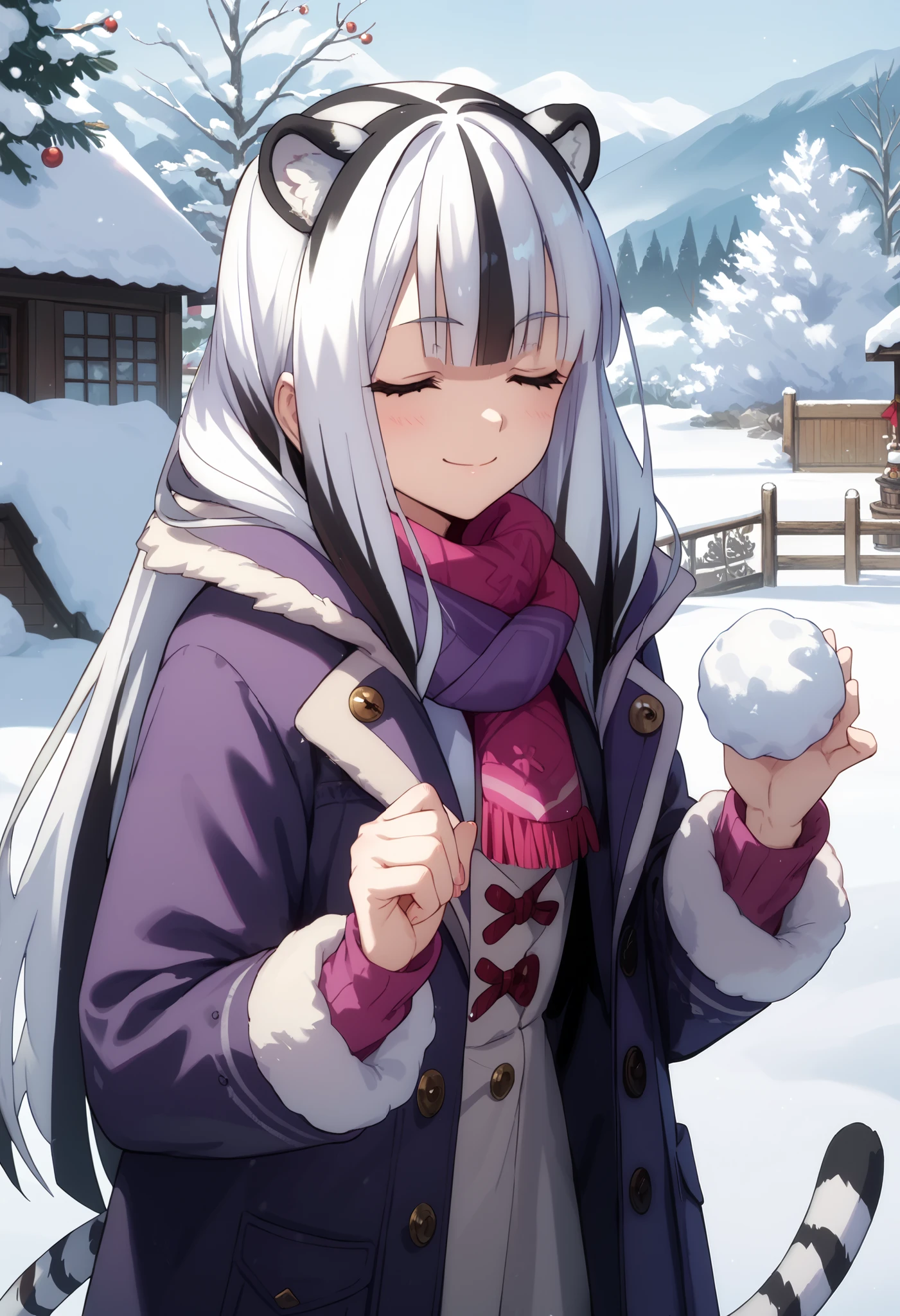 ((masterpiece)), 1girl, solo, long hair, white tiger ears, white tiger tail, closed eyes, winter, playing with snow, happy smile, white hair, black hair, multicolored hair, curious look, purple coat, black coat, multicolored coat, looking at viewer, about to throw snowball, snowball in hand.