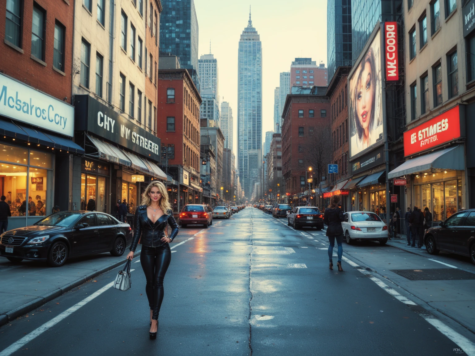 a woman, 1 person standing in the middle of a city street, wearing a black silk dress with Vshape to belly , blonde long hair,(best quality,4k,8k,highres,masterpiece:1.2),ultra-detailed,(realistic,photorealistic,photo-realistic:1.37),beautiful detailed eyes,beautiful detailed lips,extremely detailed eyes and face,longeyelashes,city background,urban landscape standing on the pavement,modern architecture,sunlight,natural lighting,cinematic,elegant,fashionable,atmospheric