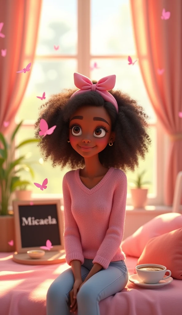 A film inspired by Disney Pixar (YOUNG BLACK GIRL WITH LONG BLACK CURLY HAIR) The scene is in the distinctive PIXAR style art, PROFESSIONAL style