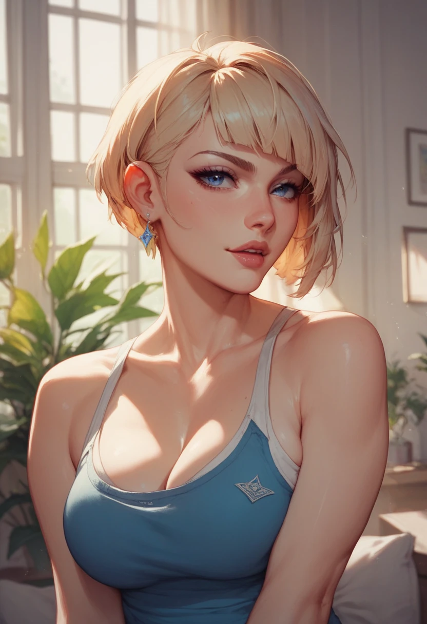 (best quality,4k,8k,highres,masterpiece:1.2),ultra-detailed,(realistic,photorealistic,photo-realistic:1.37),portrait,sexy woman,beautiful face,blonde hair,short bob hairstyle,seductive gaze,green eyes,pale skin turning pink,beautiful pink lips parted,sleeveless tight red crop top,denim short shorts