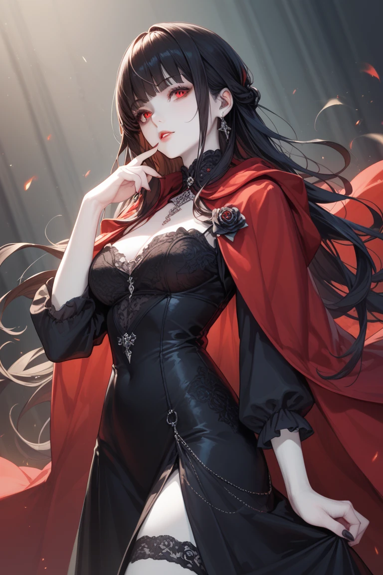 ((Best Quality,8k,4k)), ((masutepiece)), (ultra-detailliert), (细致背景)(Perfect face)、Perfect style、demon queen、20age、Cool Face、black gothic dress、Black long hair、Red eyes、stand in the demon world、grand background、devil princess、perfect hand、The style of a champion、Angle of pull、dynamic ungle、background clearly、black fingernails、dark heroine