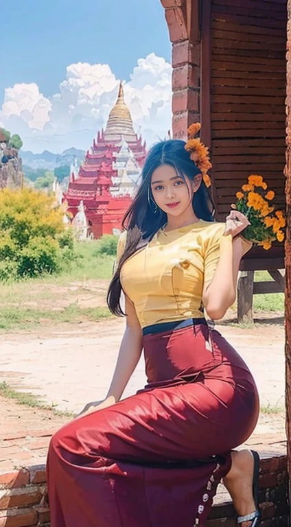 The World Heritage Site of Bagan Pagoda (Ananda Pagoda, Sabtanyu Pagoda, Shwe Sigon Pagoda, Lokananda Pagoda, Dhammaranggyi Pagoda) is in the background. A young woman in her 20s is posing in various poses and styles. The best and highest quality photo was taken to enter the award-winning photo contest. Clear and sharp images, the natural scenery of Bagan Pagoda. She is elegant and beautiful. She has high hips and a curvy body. She has a smiling face and bright eyes. She is full of herself. The highest quality HD photo.