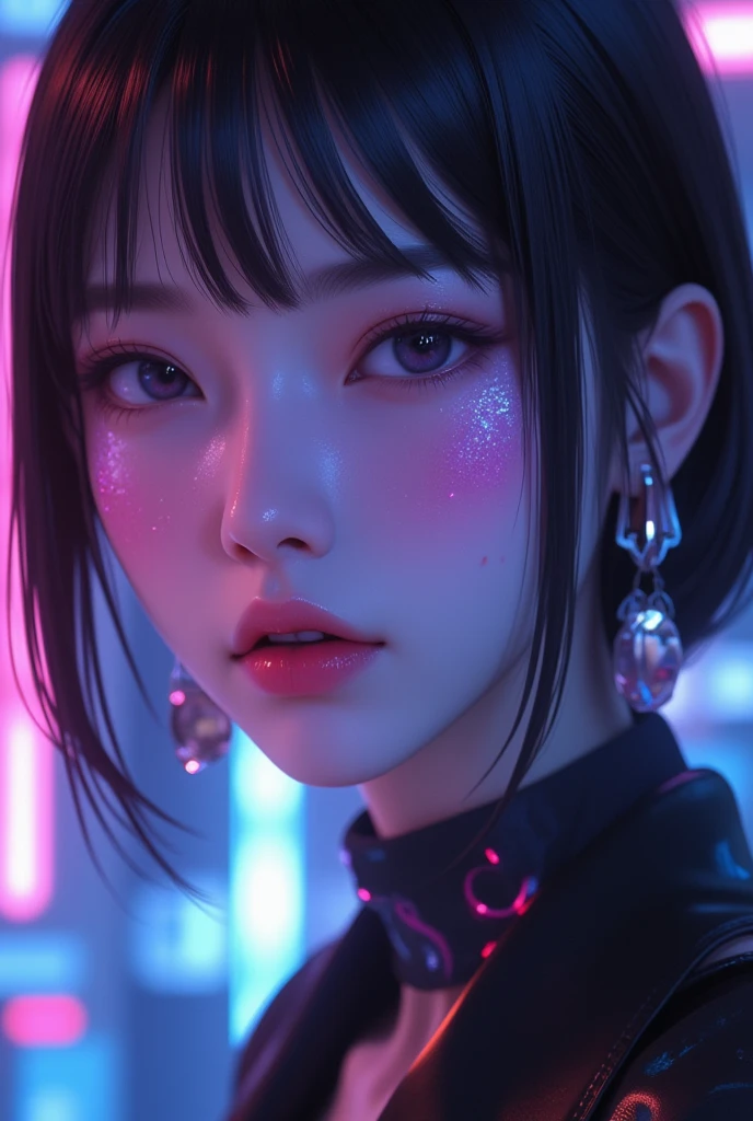 A pretty girl, 2, wearing beautiful fashionable casual clothes, short brown hair, pretty eyes, pretty lips, sparkling jewelries, half robot, night version , fantasy, vibrant colors, futuristic,