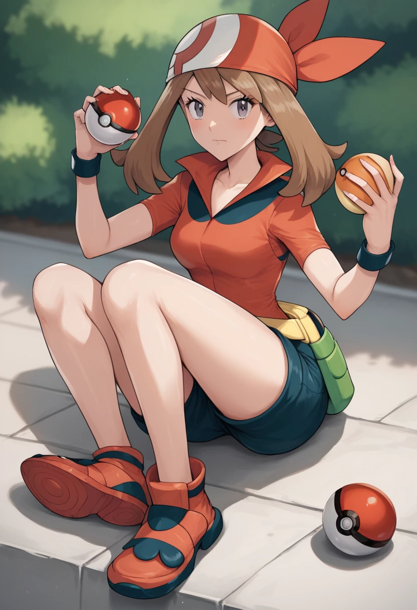 masterpiece,best quality, highly detailed, score_9, score_8_up, score_7_up, score_6_up,source_anime,
BREAK
 may, 1girl, may (pokemon), adulta, 20 anos de idade, solo,  bandana, brown hair, holding poke ball, poke ball, holding, red bandana, grey eyes, full body, fanny pack, closed mouth, long hair, shorts, bikini transparente