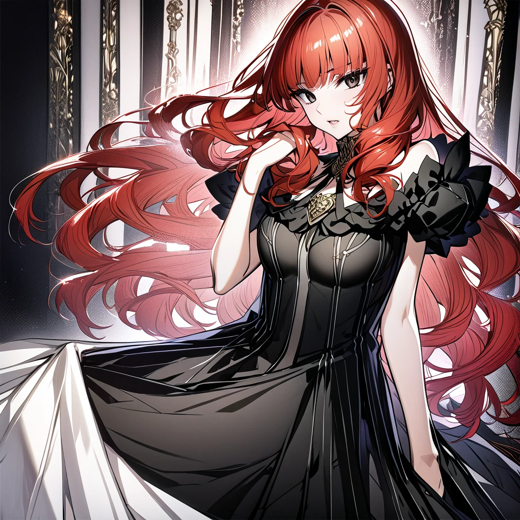 (( best quality)), ((masterpiece)), ( Details), （ perfect face）、The woman is the demon king's wife, who is brainwashed by the red-haired Celica and has fallen into evil and wears a black sensational, sexy, and luxurious black dress