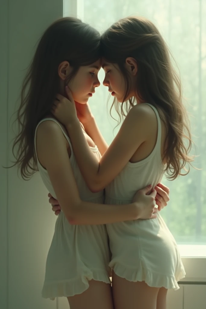 Two girls (), naked, identical, clones, passionately kissing with hands on butts and chests