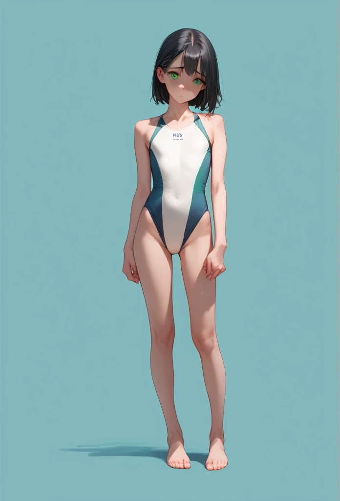  Slim Girl ,  black hair, Green Eyes, Small chest, She is wearing a swimsuit,  standing, full body,  simple background, body, Shy expression.