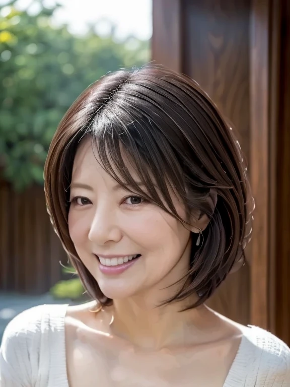 ((masterpiece)), ((Highest quality)), ((Complex)), ((Surreal)), (Realistic), (Mature Woman), ((There are no classes)), Very detailed, (1 female), Beautiful and exquisite, (Beautiful Teeth), Grin, Brunette Bob Hair, Brown eyes, ((blouse)), (Upper Body), (background:none), Perfect Eyes, Captivating eyes, Looking at the audience