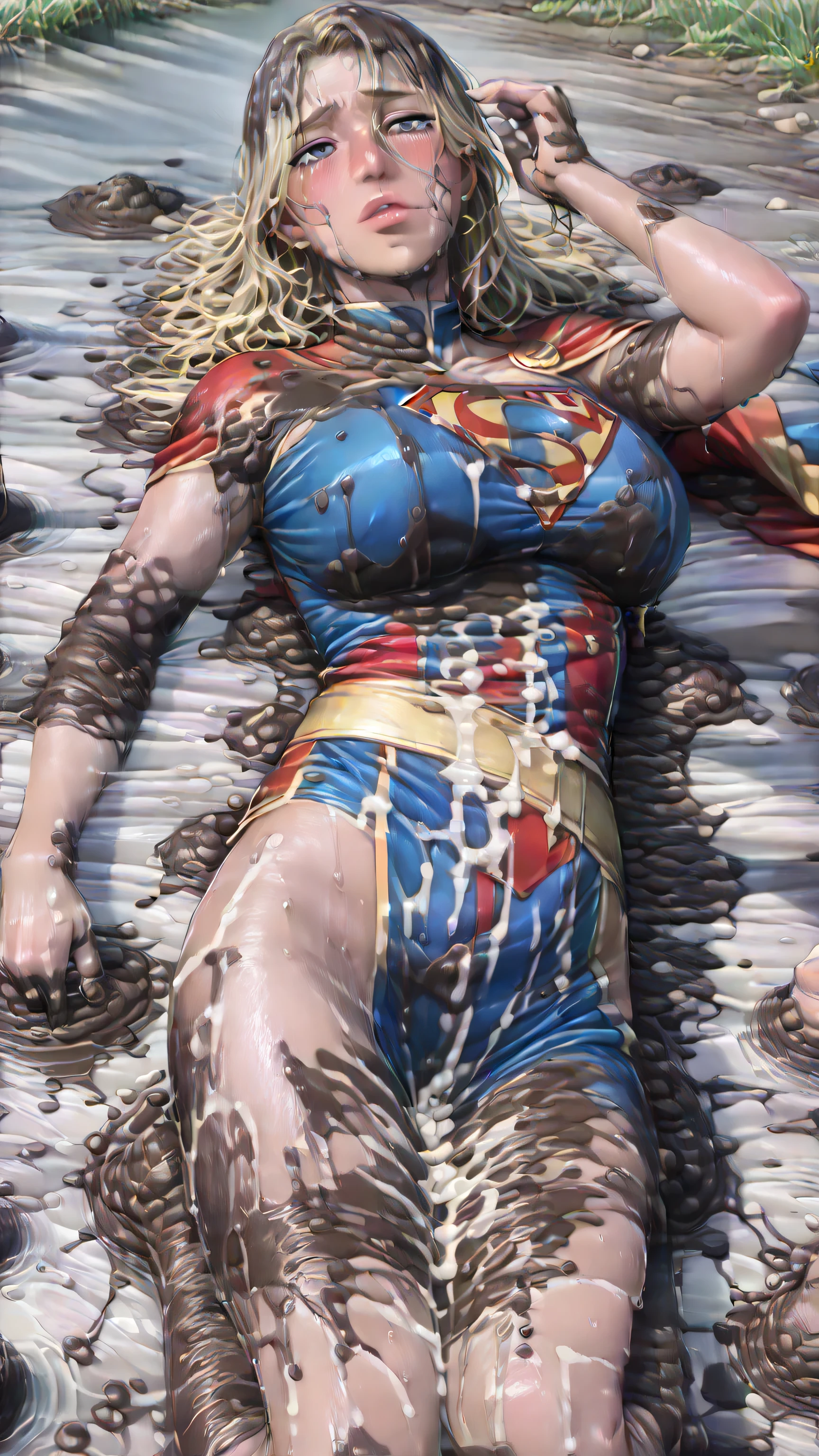 masterpiece、Short-haired Supergirl lying in the rubble、large full breasts、Looking at the camera、Glossy costume、Crotch、wounded、Mud stains、Covered in mud、Exhausted、cum on